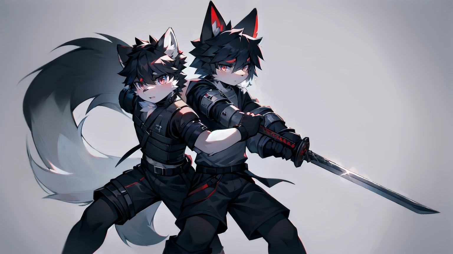 White Wolf,Black Hair,Red Eyes,Wolf ears,Wolf tail,juvenile,male,hairy,hair,Half-body armor,Combat uniform,Silver and black clothes,Handsome,Handsome,shorts,Forearm exposed,leg,Fighting Stance,duel,Two people,anxious,Holding a sword,Simple background,sword