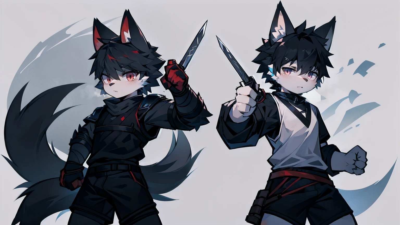 White Wolf，Black Hair，Red Eyes，Wolf ears，Wolf tail，juvenile，male，hairy，hair，Half-body armor，Combat uniform，Silver and black clothes，Handsome，Handsome，shorts，Forearm exposed，leg，Fighting Stance，duel，Two people，anxious，Holding a sword，Simple background，sword