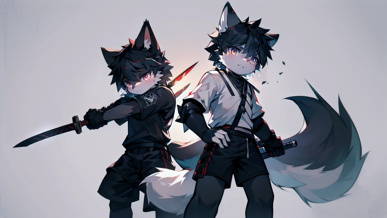 White Wolf,Black Hair,Red Eyes,Wolf ears,Wolf tail,juvenile,male,hairy,hair,Half-body armor,Combat uniform,Silver and black clothes,Handsome,Handsome,shorts,Forearm exposed,leg,Fighting Stance,duel,Two people,anxious,Holding a sword,Simple background,sword