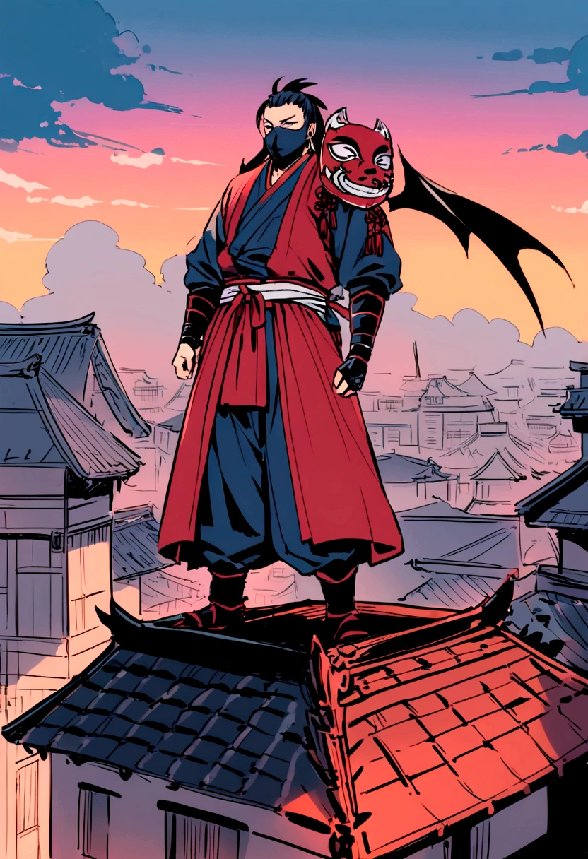 full picture of a ninja samurai, wearing a red japansese demon mask, stading on top of a building, has monkey on his right shoulder, feudal Tokyo