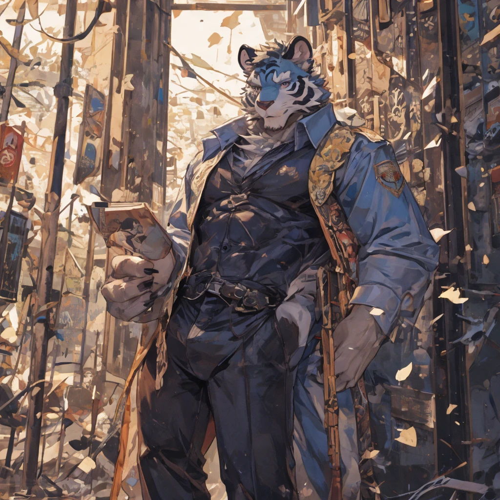 {{bara extremely handsome white tiger,}} {{white fur,}} white, wearing elegant ornate suit jacket, trousers, white dress shirt and necktie, white fluffy furry body and limbs, loafers, very tall, very broad shoulders, narrow waist, muscular arms, massive pecs, purple eyes, very long legs, massive bulge, sophisticated hot look, 3/4 view, best quality, high detail, CG image, character splash art, silver earring on left ear, sultry smirk
