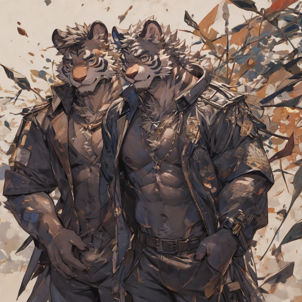 {{bara extremely handsome white tiger,}} {{white fur,}} white, wearing elegant ornate suit jacket, trousers, white dress shirt and necktie, white fluffy furry body and limbs, loafers, very tall, very broad shoulders, narrow waist, muscular arms, massive pecs, purple eyes, very long legs, massive bulge, sophisticated hot look, 3/4 view, best quality, high detail, CG image, character splash art, silver earring on left ear, sultry smirk