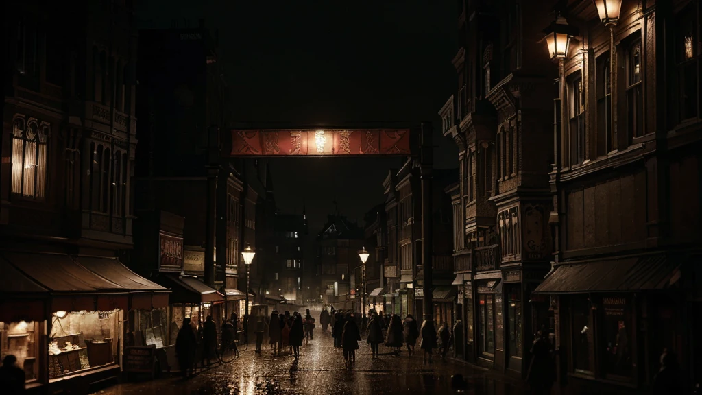 (located dramatical scenery on classic victorian era 1837)) london slum night market flea with cinematic feel red lantern lights source) element detail with rustic background, dark, night scene, no-light, shade, shadow, storm night cinematic, detail environtment scenery, people interact on that market, little rain situation, crowded people on the street are wearing umbrellas format beauty, shades, desaturate, ultra HD, taken with Fujifilm XF 56mm f/1.2 R Lens., HDR10 8K