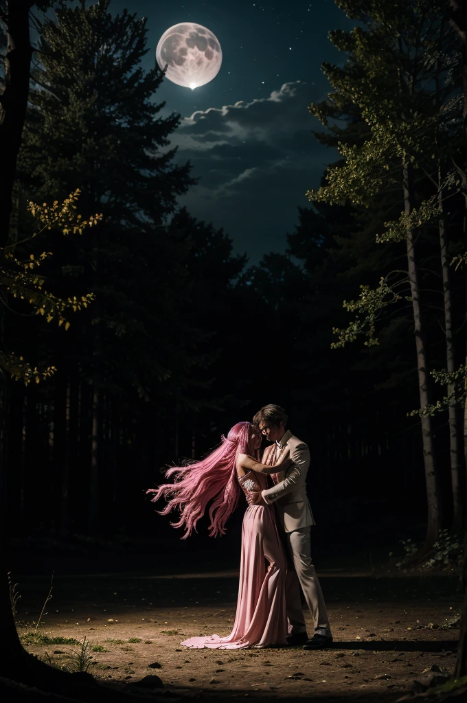 Damon Salvatore and a light pink hair girl Damla dance in a moonlit clearing, their movements fluid and mesmerizing. Damon's vampire strength is evident as he effortlessly guides Damla across the forest floor. Damla's pink hair flows behind her as she meets Damon's gaze with trust and admiration. Their dance is a reflection of their immortal bond, graceful and timeless under the watchful eye of the moon.

