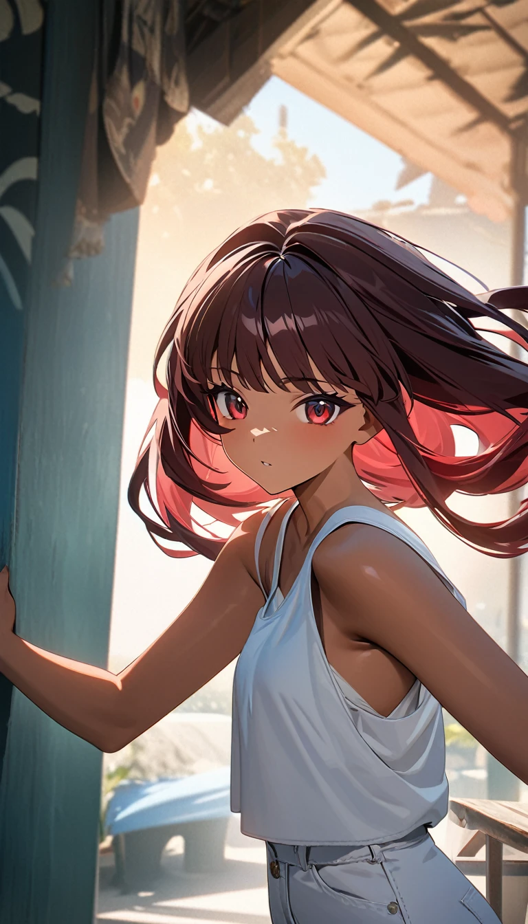 (masterpiece), best quality, ultra-detailed, 1024k UHD wallpaper, ultra-high resolution, depth of field, HDR, (extremely detailed CG 1024k wallpaper), Detailed face, Detailed Clothes, Ultra HD Photo, 1girl, long silky hair, 90's style, tan skin, white tank top, white jeans, dark red hair, red eyes, (newest anime art style)