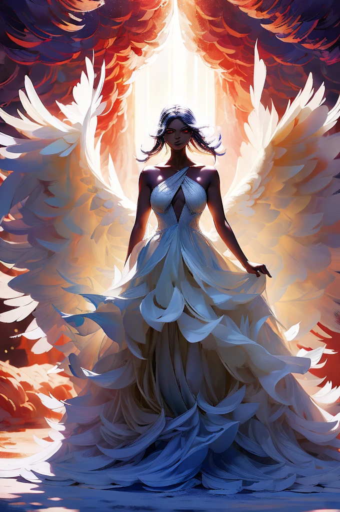 dark-skinned arch demon woman, that is, the blackest black color of all, rectangular eyes, completely red pupils and irises, no mouth, without human appearance. angel wings of many colors, a rhomboid crystal embedded in the center of the chest(Red color), unclothed, body full of mimicry with the universe(galaxies, stars, planets and black holes) and long white hair, with 4 horns coming out of his head