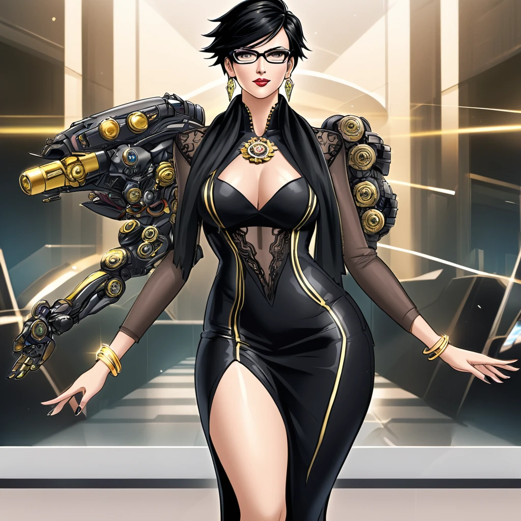 tall beautyfull woman, bayonetta, cyberpunk clotches, cybernetic implants, short hair, black chic glasses, big beige colors scarf, golden earring, black dress, golden bracelet, black boot