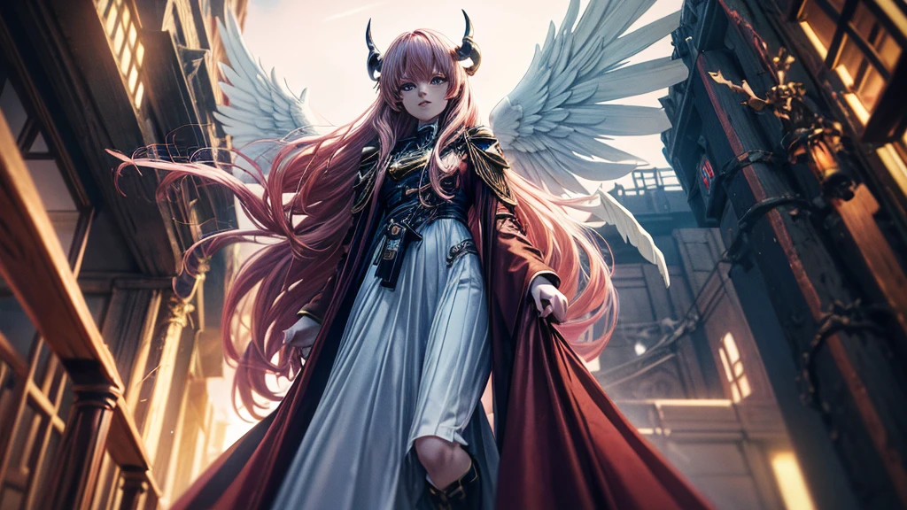 high-angle shots, and fisheye effects. A beautiful mecha angel lady and an mecha evil devil lady walking side by side, one with long blonde hair in white flowing gown with wings on back of her arms, other has pink red black colored hair wearing cloak and ripped jeans boots and horns with bat tail behind them city background realistic high detail, photo, cinematic, anime, dark fantasy, vibrant, landscape photography, fullbody