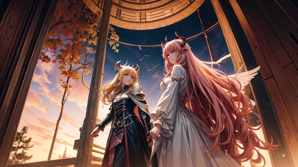 high-angle shots, and fisheye effects. A beautiful mecha angel lady and an mecha evil devil lady walking side by side, one with long blonde hair in white flowing gown with wings on back of her arms, other has pink red black colored hair wearing cloak and ripped jeans boots and horns with bat tail behind them city background realistic high detail, photo, cinematic, anime, dark fantasy, vibrant, landscape photography, fullbody