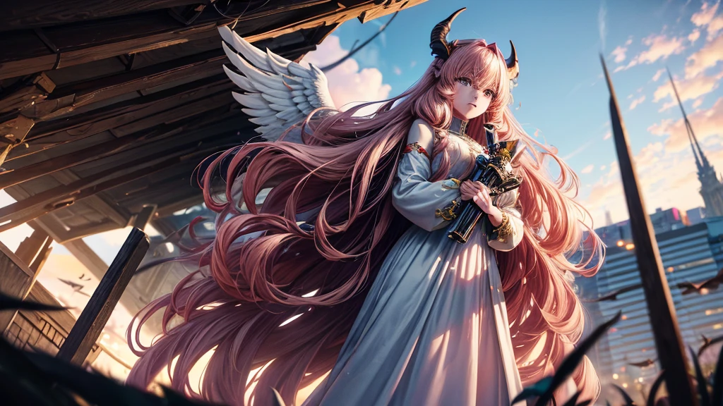 high-angle shots, and fisheye effects. A beautiful mecha angel lady and an mecha evil devil lady walking side by side, one with long blonde hair in white flowing gown with wings on back of her arms, other has pink red black colored hair wearing cloak and ripped jeans boots and horns with bat tail behind them city background realistic high detail, photo, cinematic, anime, dark fantasy, vibrant, landscape photography, fullbody