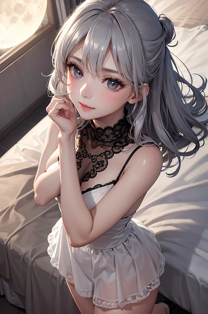 Best Quality,High resolution,8K,finelity detailed background,Masterpiece:1.2),beautiful girl,Glossy romance gray hair,half updo,Gray eyes,Gentle look,A refreshing look,Best quality,Best Quality,Aesthetic and aesthetic:1.2,Best details((Super detailed))(High-definition CG illustrations),Grey underwear (gray,intricate lace),Slender body,moon,Late Night,Bedroom,On the bed,smile,blush,cute,Scrounge,Looking up,Being spoiled,super model,shoot from above