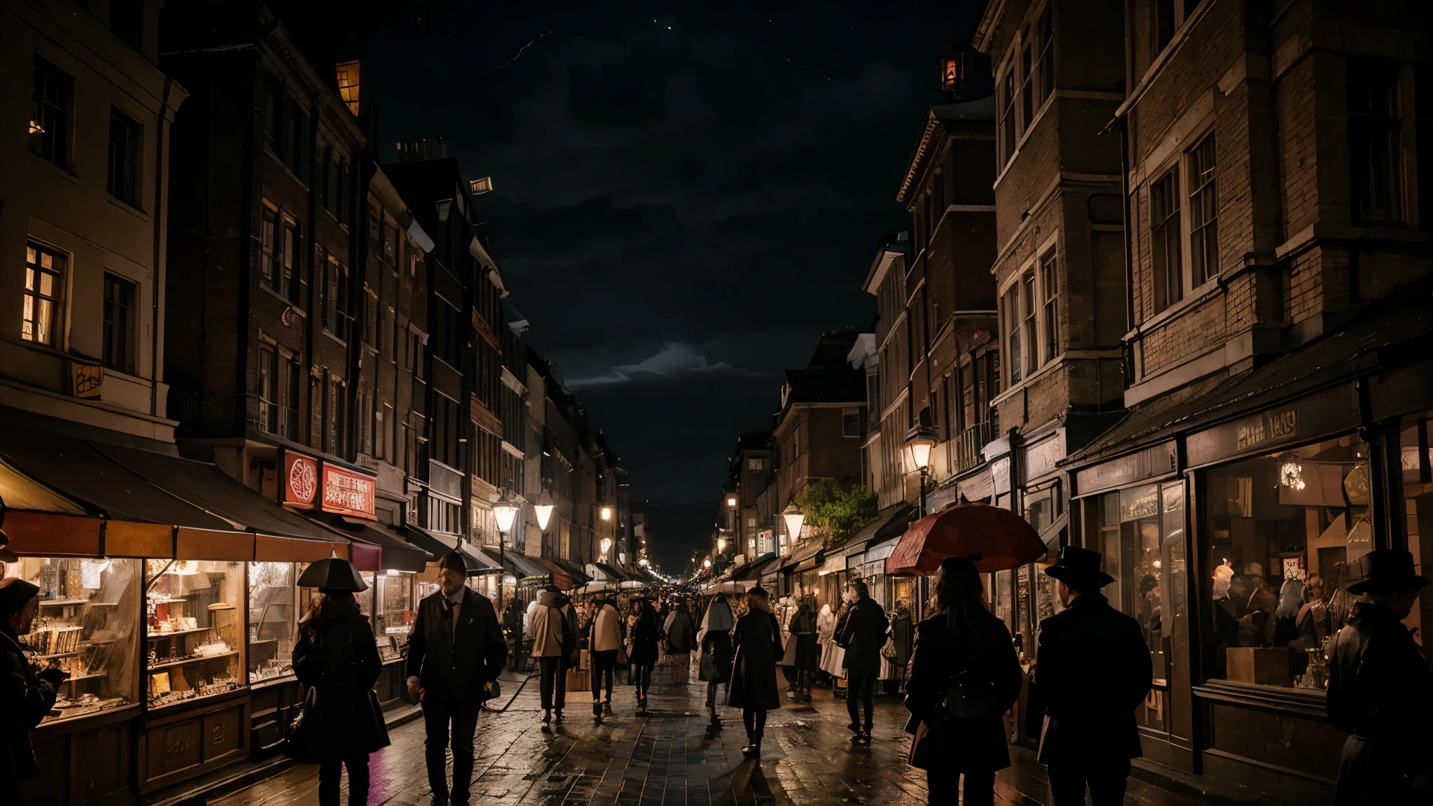 (located dramatically on london victorian london slum night market flea with dramatic red lantern lights source) element detail with rustic background, dark, night scene, no-light, shade, shadow, storm night cinematic, detail environtment scenery, people interact on that market, little rain situation, people are wearing umbrellas format beauty, shades, desaturate, ultra HD, taken with Fujifilm XF 56mm f/1.2 R Lens. long exposure, HDR10 8K