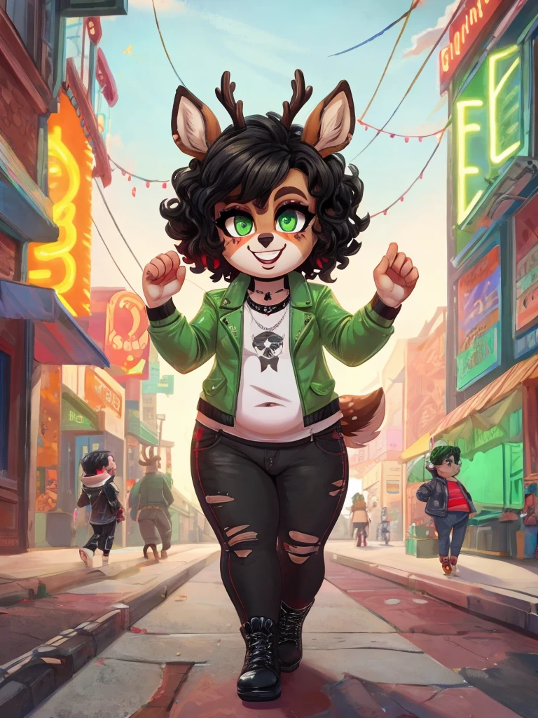 Cute, deer boy, small deer antlers, innocent, chubby, fat, big thighs, androgynous, femboy, short curly hair, black hair, fawn spots, freakles, ((cute)), smiling, walking in a big bustling city, wearing goth clothes, goth makeup, black and red color scheme, punk jacket, young, cartoony, adorable, deer tail, toxic neon green eyes, glowing eyes, red sky,