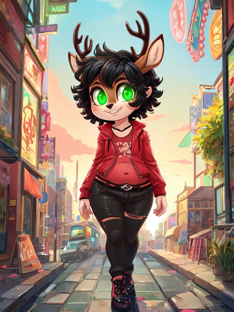 Cute, deer boy, small deer antlers, innocent, chubby, fat, big thighs, androgynous, femboy, short curly hair, black hair, fawn spots, freakles, ((cute)), smiling, walking in a big bustling city, wearing goth clothes, goth makeup, black and red color scheme, punk jacket, young, cartoony, adorable, deer tail, toxic neon green eyes, glowing eyes, red sky,