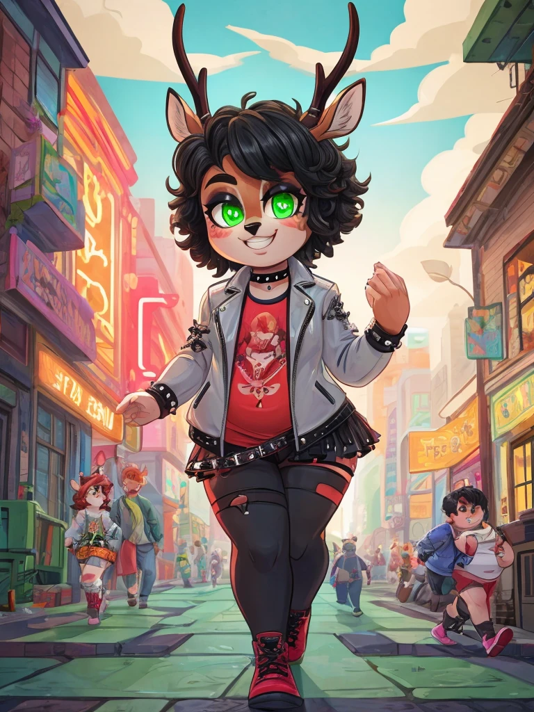 Cute, deer boy, small deer antlers, innocent, chubby, fat, big thighs, androgynous, femboy, short curly hair, black hair, fawn spots, freakles, ((cute)), smiling, walking in a big bustling city, wearing goth clothes, goth makeup, black and red color scheme, punk jacket, young, cartoony, adorable, deer tail, toxic neon green eyes, glowing eyes, red sky,