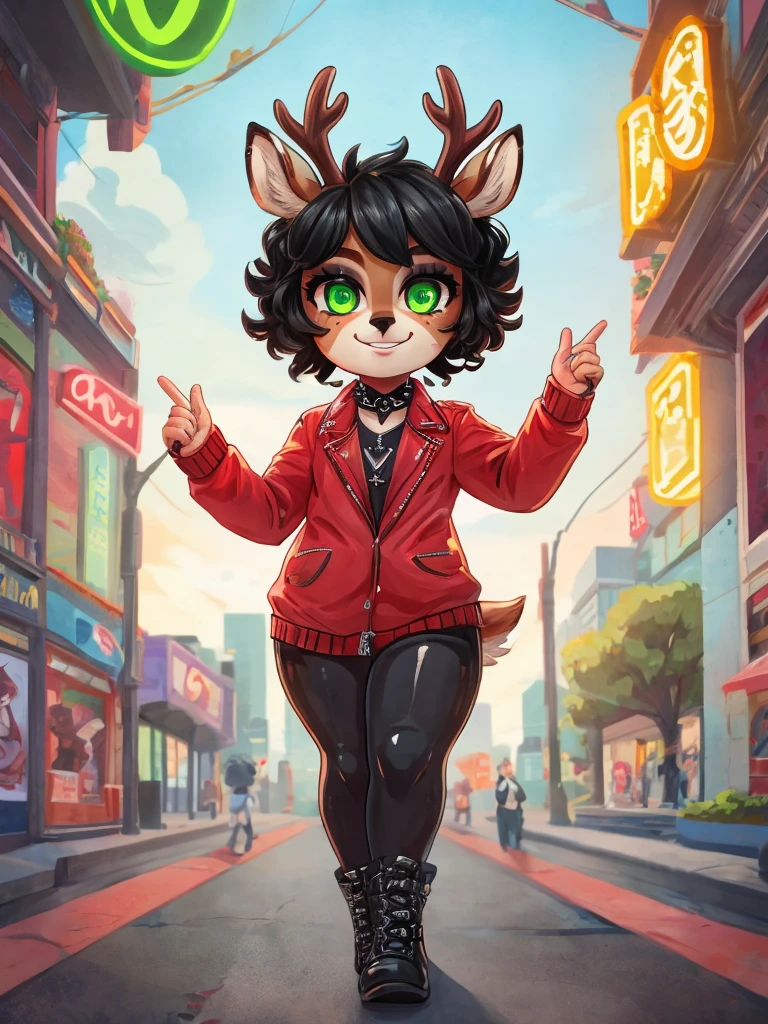 Cute, deer boy, small deer antlers, innocent, chubby, fat, big thighs, androgynous, femboy, short curly hair, black hair, fawn spots, freakles, ((cute)), smiling, walking in a big bustling city, wearing goth clothes, goth makeup, black and red color scheme, punk jacket, young, cartoony, adorable, deer tail, toxic neon green eyes, glowing eyes, red sky,