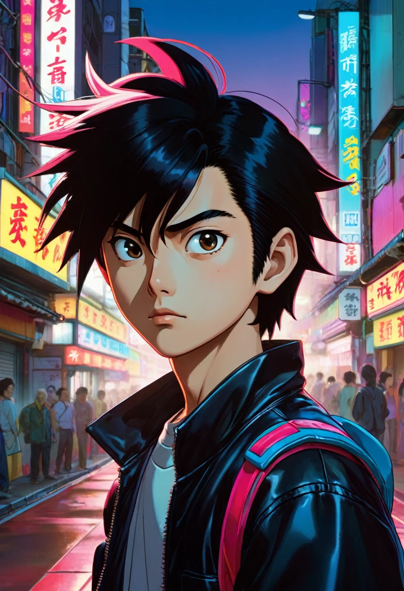 Subject: Japanese boy
Description: Youthful, vibrant, with mutton chop beards accentuating cheekbones. Spiked hair with a mullet and long sides, exuding a rebellious energy.

Environment: A colorful urban backdrop with neon signs, bustling streets, and futuristic elements, reminiscent of 80s Tokyo.

Mood/Feelings: A mix of nostalgia and excitement. The atmosphere is lively, energetic, and filled with a sense of adventure.

Artistic Medium/Techniques: Vibrant colors, high contrast, and bold linework. Playful use of exaggerated proportions and dynamic poses.

Artists/Illustrators/Art Movements: Inspired by the works of Katsuhiro Otomo (creator of Akira), Hayao Miyazaki (Studio Ghibli), and the vibrant aesthetics of 80s anime.