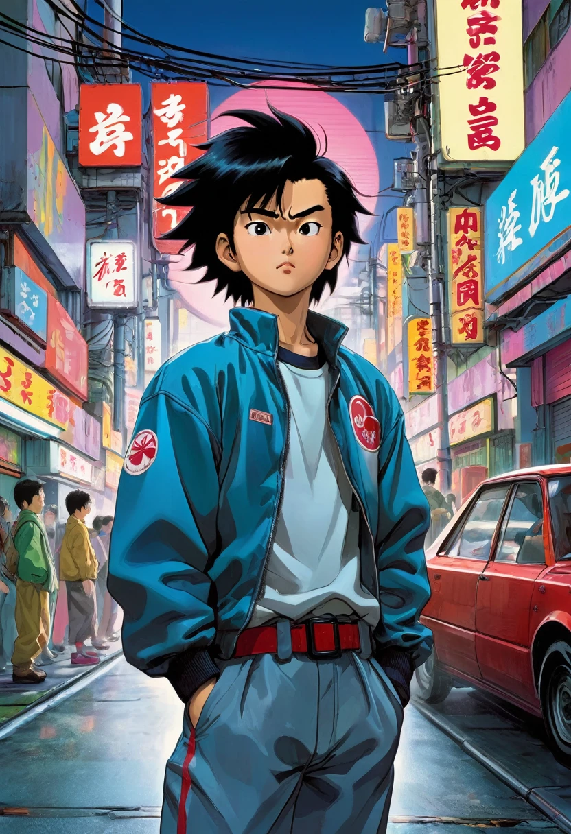 Subject: Japanese boy
Description: Youthful, vibrant, with mutton chop beards accentuating cheekbones. Spiked hair with a mullet and long sides, exuding a rebellious energy.
Environment: A colorful urban backdrop with neon signs, bustling streets, and futuristic elements, reminiscent of 80s Tokyo.
Mood/Feelings: A mix of nostalgia and excitement. The atmosphere is lively, energetic, and filled with a sense of adventure.
Artistic Medium/Techniques: Vibrant colors, high contrast, and bold linework. Playful use of exaggerated proportions and dynamic poses.
Artists/Illustrators/Art Movements: Inspired by the works of Katsuhiro Otomo (creator of Akira), Hayao Miyazaki (Studio Ghibli), and the vibrant aesthetics of 80s anime.