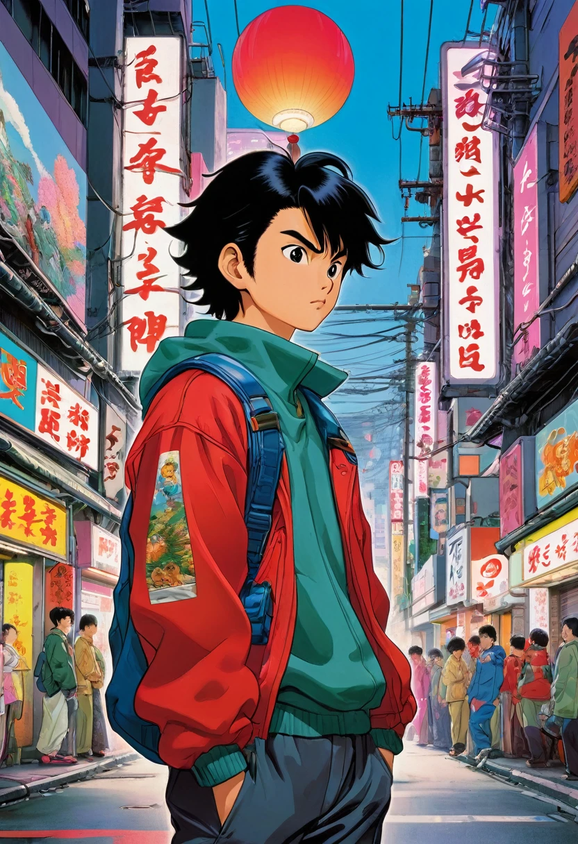 Subject: Japanese boy
Description: Youthful, vibrant, with mutton chop beards accentuating cheekbones. Spiked hair with a mullet and long sides, exuding a rebellious energy.
Environment: A colorful urban backdrop with neon signs, bustling streets, and futuristic elements, reminiscent of 80s Tokyo.
Mood/Feelings: A mix of nostalgia and excitement. The atmosphere is lively, energetic, and filled with a sense of adventure.
Artistic Medium/Techniques: Vibrant colors, high contrast, and bold linework. Playful use of exaggerated proportions and dynamic poses.
Artists/Illustrators/Art Movements: Inspired by the works of Katsuhiro Otomo (creator of Akira), Hayao Miyazaki (Studio Ghibli), and the vibrant aesthetics of 80s anime.