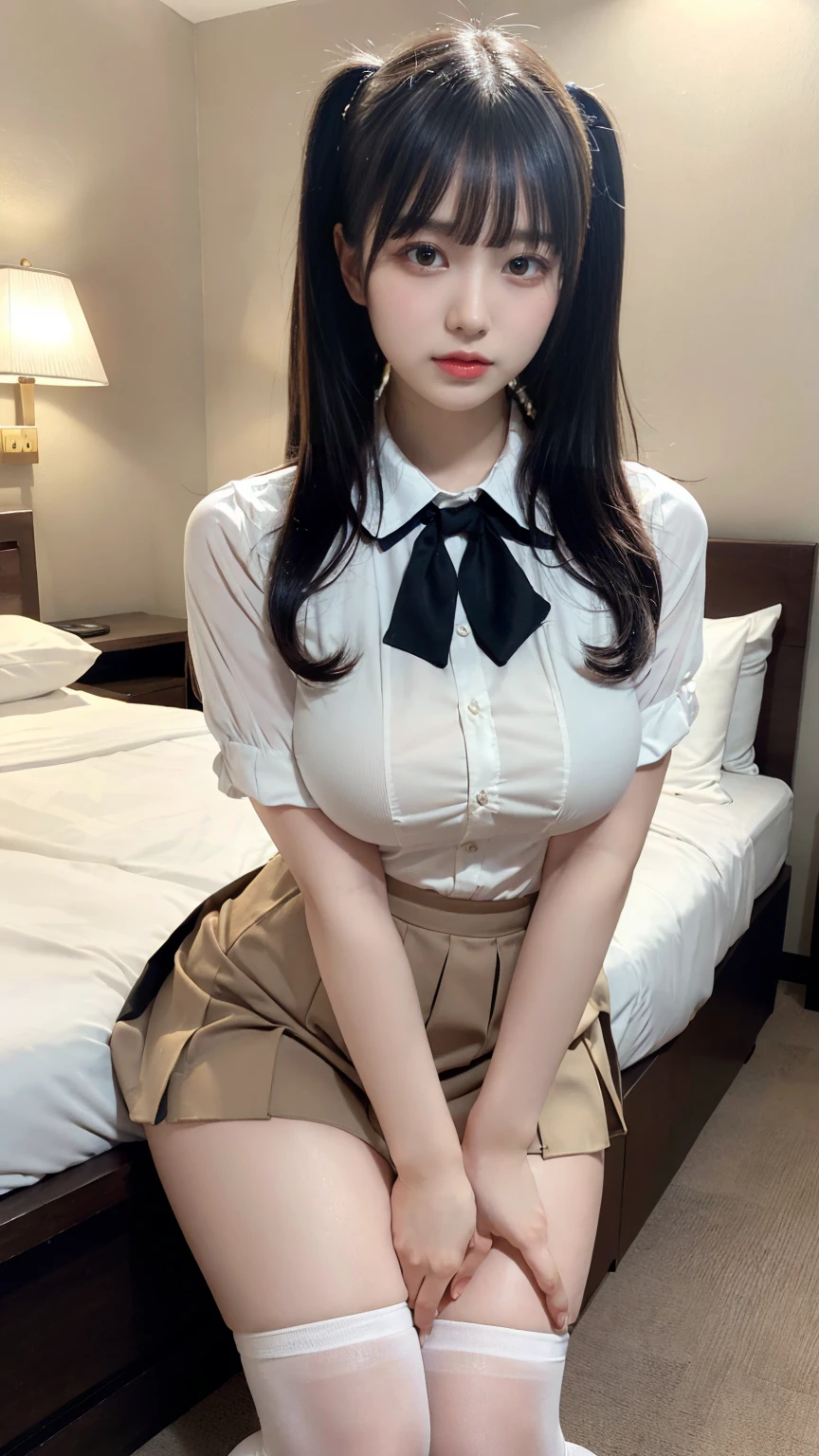 masterpiece, best quality, illustration, Super detailed, fine details, High resolution, 8K,wall paper, perfect dynamic composition,(Details High quality, realistic depiction of eyes:1.3), (collared shirt:1.1), pleated skirt, knee high socks, large breasts, black hair color, Big Natural Color Lip, bold sexy pose, (perfect body shape), crying a little、cold gaze, Harajuku style、20 year old girl、cute type、lolita、beautiful legs, hotel room, hposing Gravure Idol, Voluptuous thighs