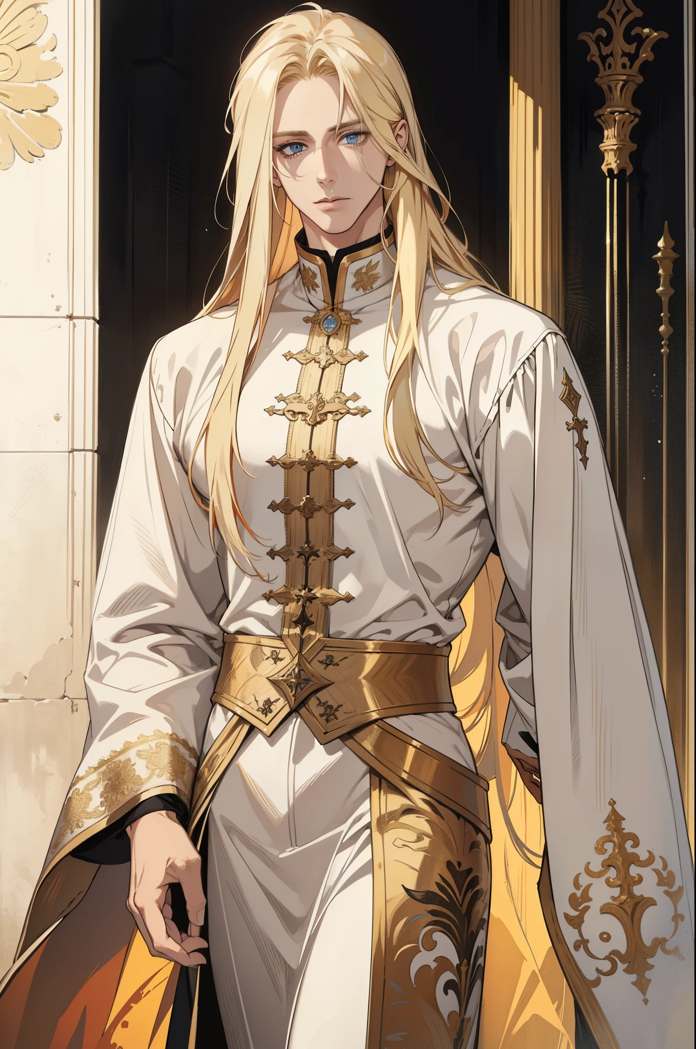 Detailed face of a 25 year old man, Full length blond, blonde hair, long hair, heavenly eyes handsome, tall and muscular boy, wears a white priest&#39;s robe, beautiful, ((in sacred attire)), gentle androgynous prince, white clothes,  Male character design, In a black noble suit, full body character design
