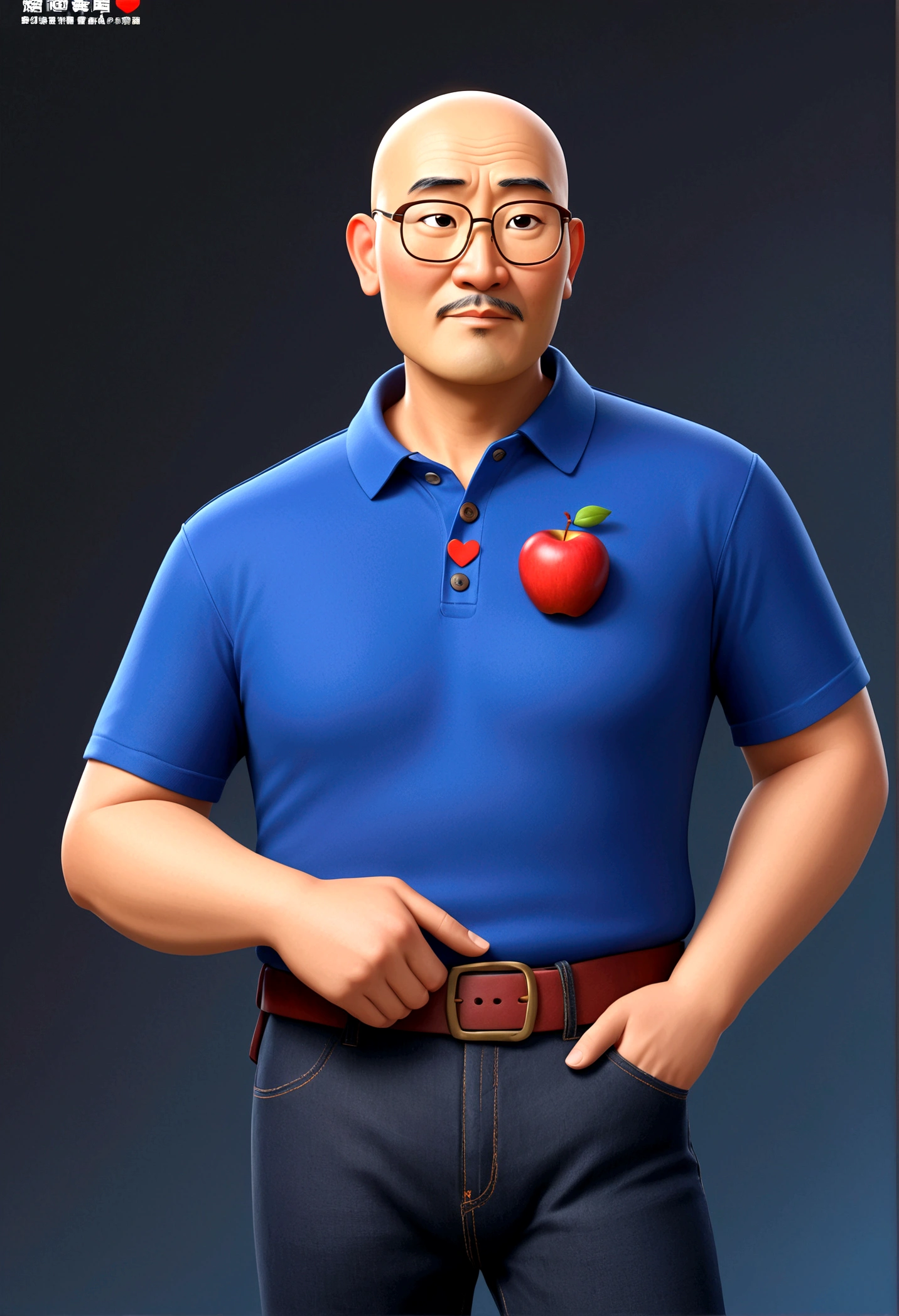 Fifty year old man, Cao Cao, baldie, With glasses, BROWN COLOR, large nose, with hole in the chin, Adam's apple evident, not disney pixar style, wearing a blue polo shirt with a red heart on the left chest, with dark blue jeans