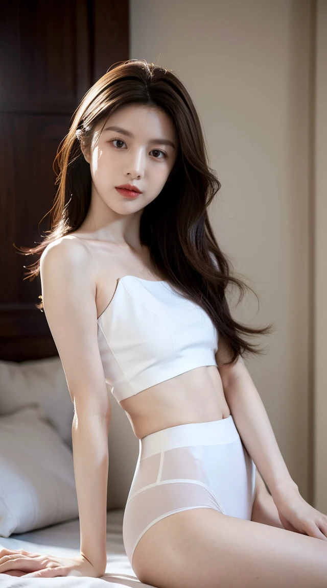 ((Best image quality)、Korean 20 years old, ultra-luxurious bedroom,NFSW, high resolution, Natural and smooth implementation, head and body balance、perfect body beauty:1.4、slim、thin legs、((dark brown hair、very :1.2)), Cute underwear, very 상세한 얼굴 및 피부 질감、eye for detail、shy smile、with legs spread , lighting areola、top quality、reality、 exposed groin、cute appearance、angle from front、small ass、K-pop makeup、embarrassed expression、thin waist, White and clear skin, chubby, Narrow pelvis, Slander type, Popular hairstyles for long hair, skinny body type, young body type, Small pelvis, small shoulder,
