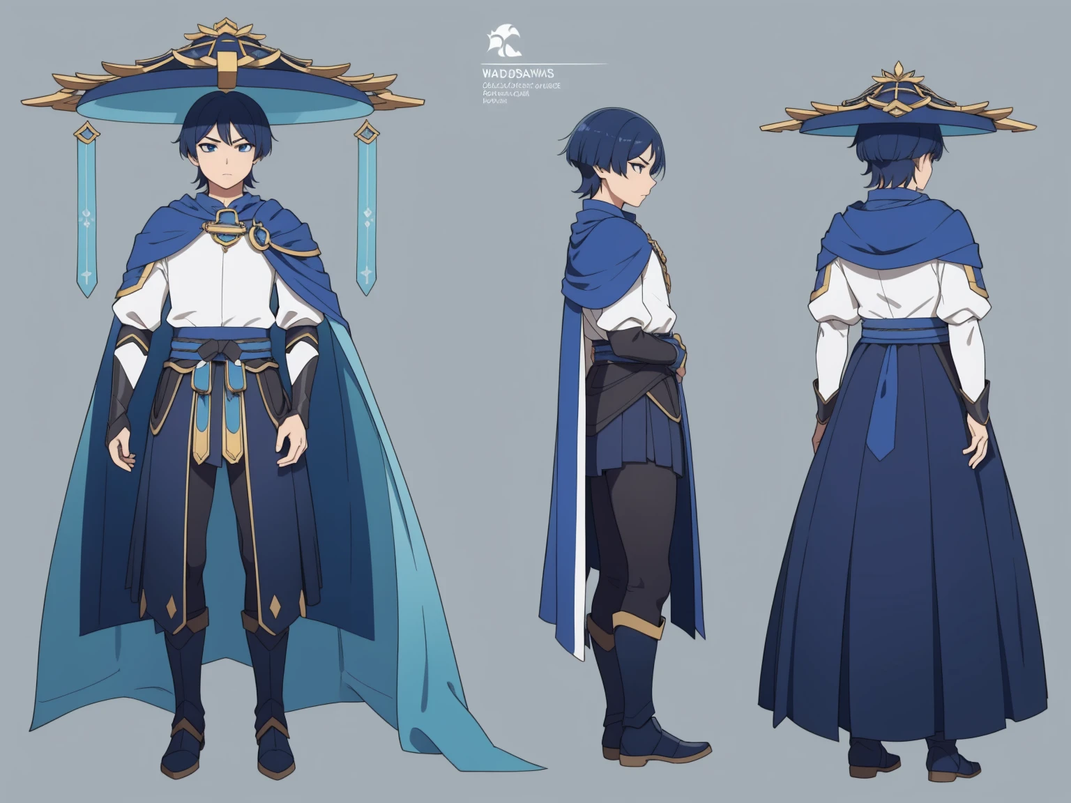 (Back cape)Big hat, Cape, Metal armor, Body armor, shoulder pads (shiny cyan armor:1.0)Sfw, (Wanderer:1.0)Thin, fit, 1boy, solo, male focus, looking at viewer, upper body, hair, realistic, hat, default clothing, wanderer clothing, (character design sheet, full body, front, side, back), Illustration, environment change, pose (simple background, white background: 1.0)