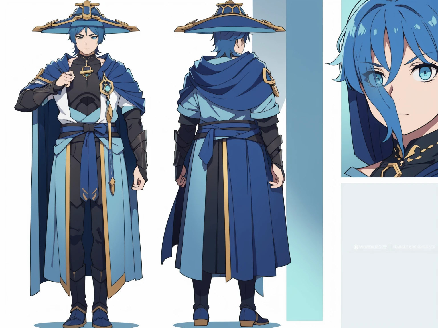 (Back cape)Big hat, Cape, Metal armor, Body armor, shoulder pads (shiny cyan armor:1.0)Sfw, (Wanderer:1.0)Thin, fit, 1boy, solo, male focus, looking at viewer, upper body,  hair, realistic, hat, default clothing, wanderer clothing, (character design sheet, full body, front, side, back), Illustration, environment change, pose (simple background, white background: 1.0)