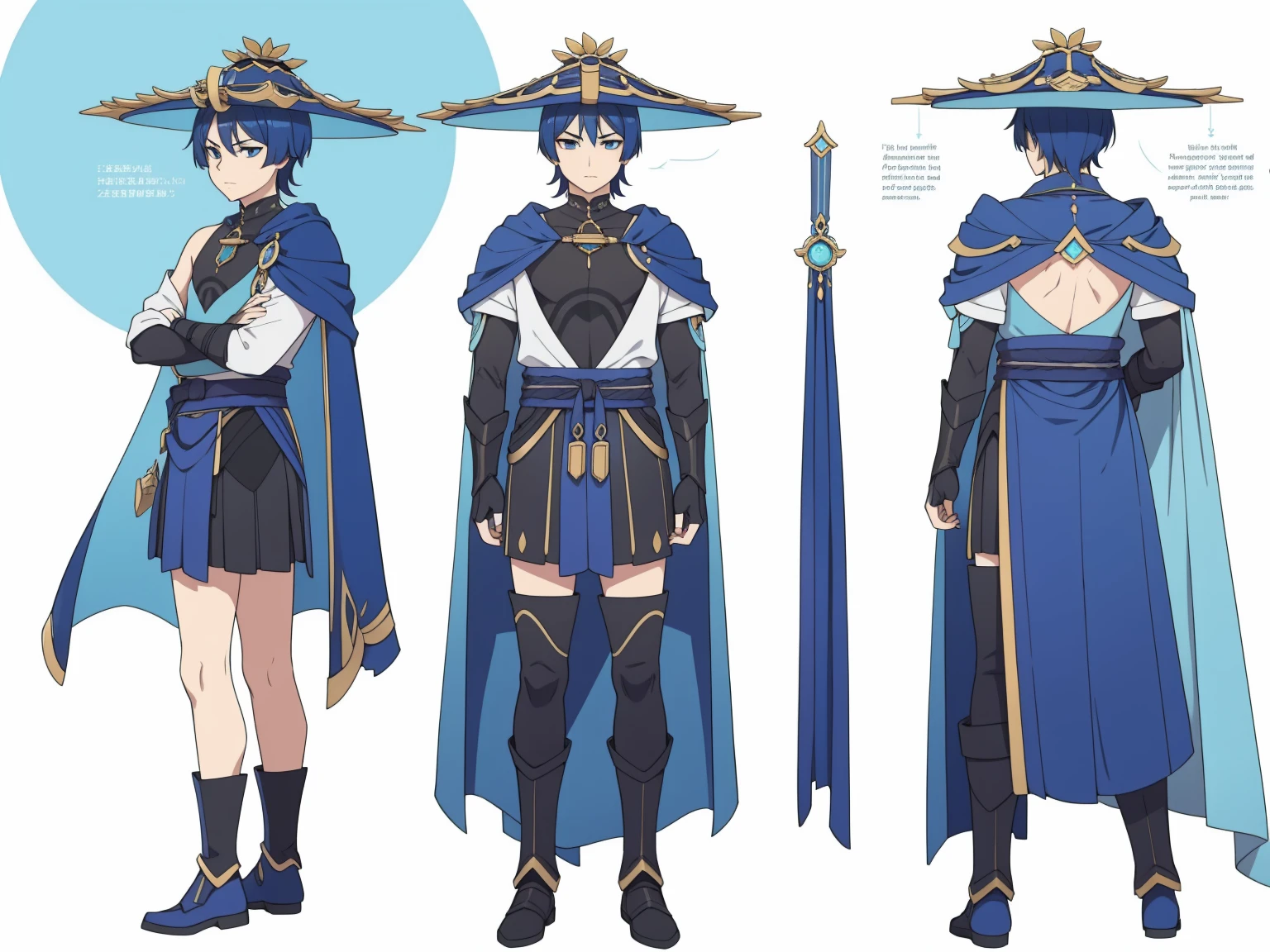 (Back cape)Big hat, Cape, Metal armor, Body armor, shoulder pads (shiny cyan armor:1.0)Sfw, (Wanderer:1.0)Thin, fit, 1boy, solo, male focus, looking at viewer, upper body, hair, realistic, hat, default clothing, wanderer clothing, (character design sheet, full body, front, side, back), Illustration, environment change, pose (simple background, white background: 1.0)