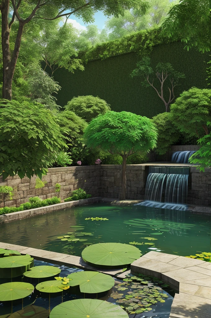 Make a 3D elevation of a 18×60 feet garden with 7 feet boundary wall with a lotus pond in start attached to a waterfall and trees on right side and various flowera in middle