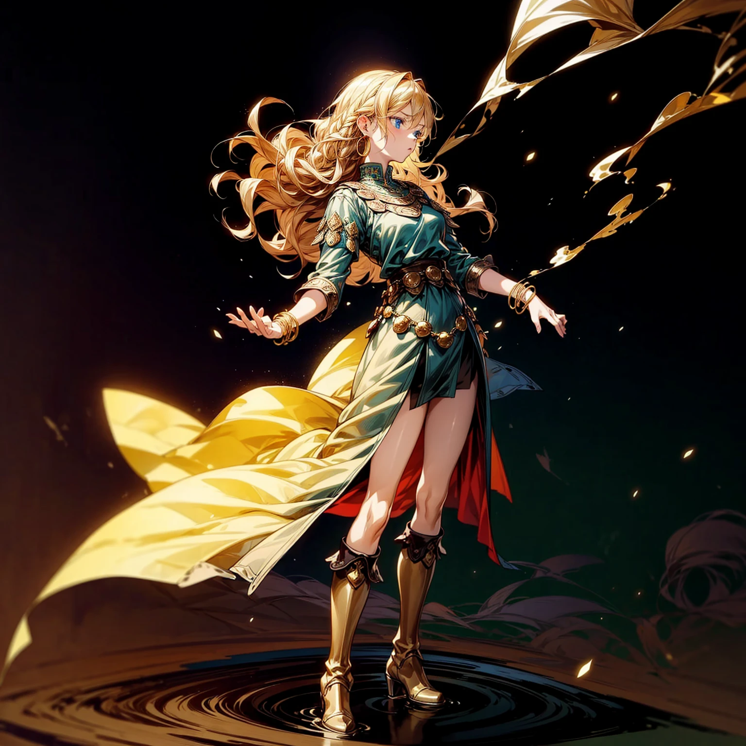 1girl, Full body version, 1character, adult version, blue eyes color, long Curly haircut, blonde colour hair, Gold earrings, gold bracelets, medieval style clothing, black armor, long boots, knife Assassin in hand Grassroots, background in castle square, motion blur, standing gesture, smoke effect, lighting, lighting gold, plasma effect, aura effect, (attack on Titan style art) 