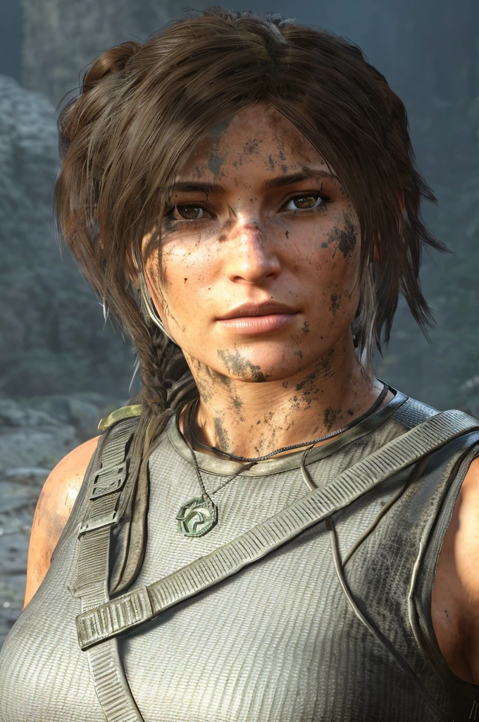 a close-up of a person with very messy hair, portrait of Lara Croft, shadow of the tomb raider, 8k portrait rendering, muscular sweat Lara Croft, Lara Croft, shadow of the tomb knight, tomb raider setting, Tomb Raider beautiful, 8k uhd character details, character up close, female main character, small character. unreal motor 5, Brave 8K