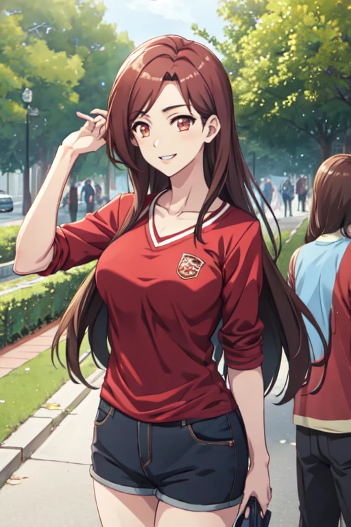 (best quality), (masterpiece), izumi_tachibana, long hair, Big Breasts, Red shirt, smiling, park, trees, skyscrapers, sunny, 