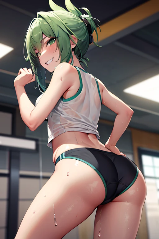 Green hair, folded ponytail, fine eyes, green eyes, masterpiece, sweat, soaked, best quality, hi-res, solo, wicked grin, ass facing you, running action and elegance, white sports short shorts, wet pants, white running shirt, wet shirt, sleeveless, braless, big, park, outdoor (en bikini) ("camisa mojada y de frente de la cámara") (en bikini ) (" mostrando tetas")( "su bikini transparente ")(( sin ropa interior)) (*tocandose una teta*)(("bikini pequeño más pequeño y trasparente")) (("posé sexy sacando la lengua")) ((" en bikini blanco trasparente")) , ((short más pequeño y blanco transparente))