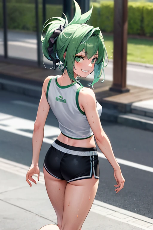 Green hair, folded ponytail, fine eyes, green eyes, masterpiece, sweat, soaked, best quality, hi-res, solo, wicked grin, ass facing you, running action and elegance, white sports short shorts, wet pants, white running shirt, wet shirt, sleeveless, braless, big, park, outdoor (en bikini) ("camisa mojada y de frente de la cámara") (en bikini ) (" mostrando tetas")( "su bikini transparente ")(( sin ropa interior)) (*tocandose una teta*)(("bikini pequeño más pequeño y trasparente")) (("posé sexy sacando la lengua"))  ((" en bikini blanco trasparente")) , ((short más pequeño y blanco transparente))