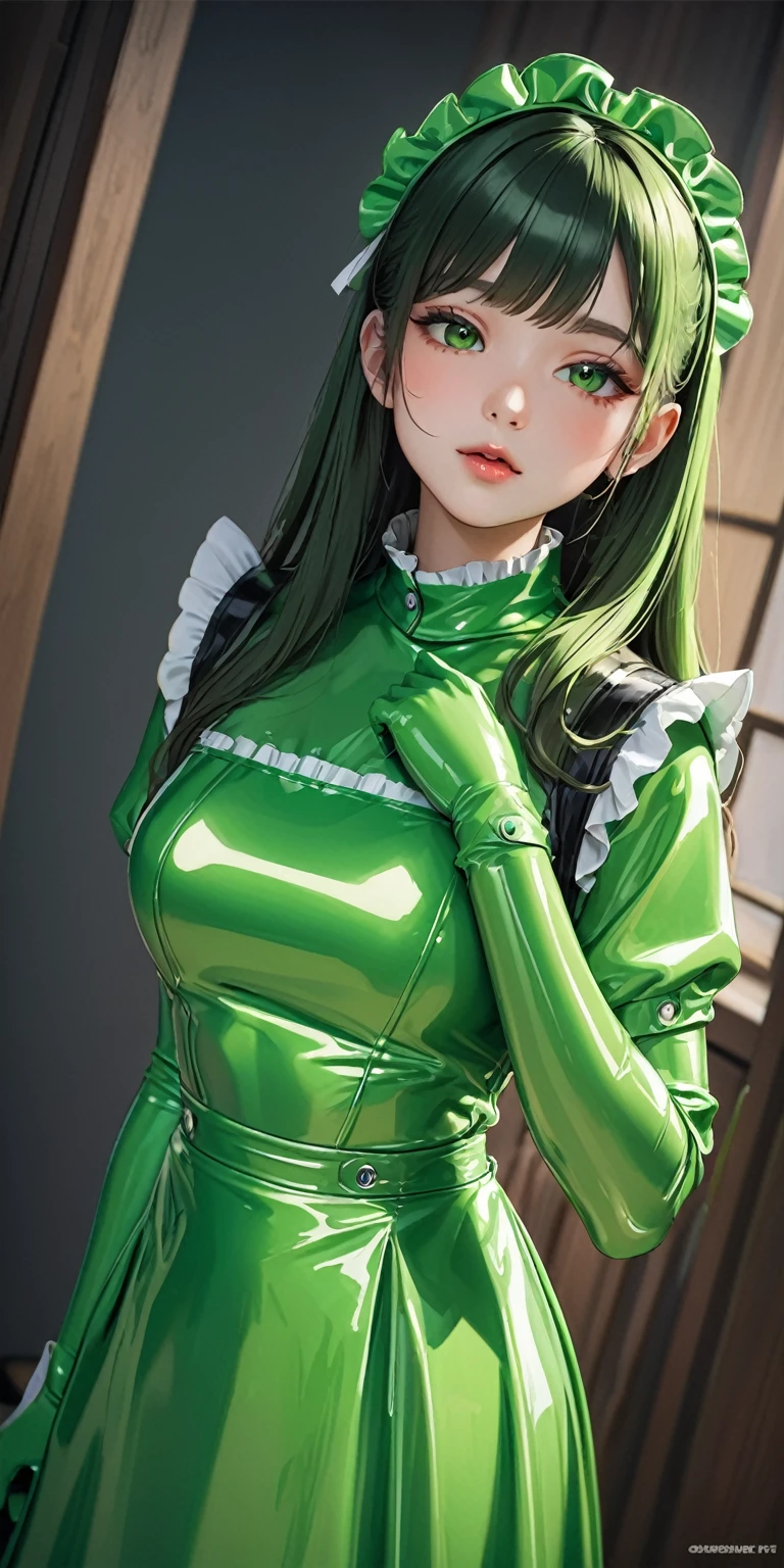 Portraiture、(masterpiece,Highest quality,Ultra-high resolution),Japanese women, (((Very beautiful 25 year old girl))),(Bright green latex maid outfit)、(Bright green latex long skirt)、(A long-sleeved bright green latex shirt covering the upper body)、Bright green latex gloves、Bright green latex socks、Bright green latex bodysuit、Frills、The clothes fit snugly to the body、Latex is very shiny、Dark Room、