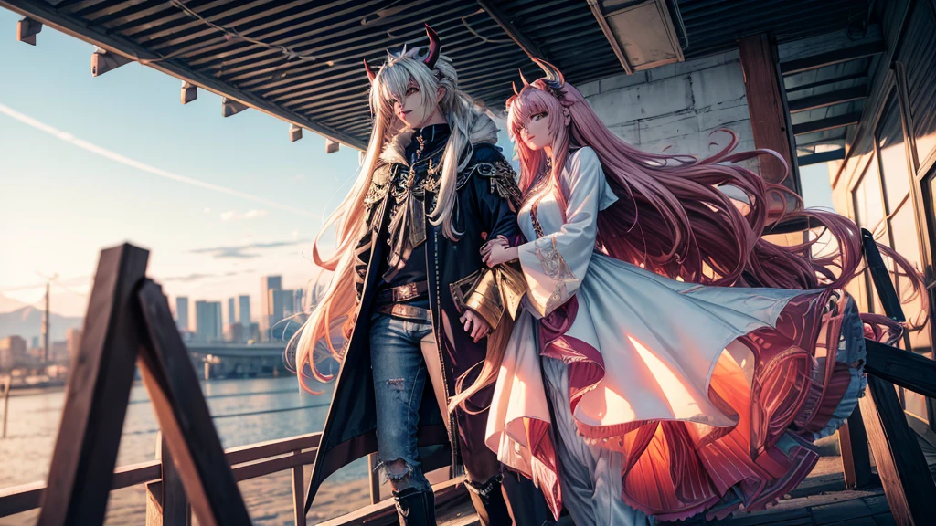 high-angle shots, and fisheye effects. A beautiful mecha angel lady and an mecha evil devil lady walking side by side, one with long blonde hair in white flowing gown with wings on back of her arms, other has pink red black colored hair wearing cloak and ripped jeans boots and horns with bat tail behind them city background realistic high detail, photo, cinematic, anime, dark fantasy, vibrant, landscape photography, fullbody