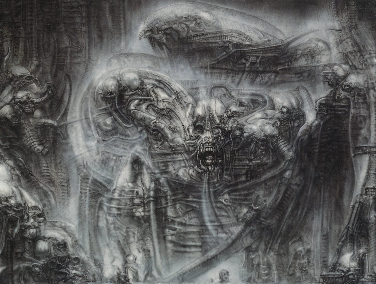 The image is a detailed view of H.R. Giger's biomechanical tableau \" Landscape XVI \" plate, featuring.
(airbrush painting, Giger's alien in front of broken alien ship in landscape, natural light, sharp focus, illustration, highly detailed, digital painting, concept art, matte, art by gric and kozhanov and moebius and Alphonse Mucha, masterpiece, HDR ,UHD , uplight, in HRGigerArhP style);1.
surrealistic painting of a monster with multiple tentacles and a body that looks like a brain, surrounded by a chaotic scene of swirling clouds and other monsters
It's a complex network of bones and organs in eldritch color scheme:a greenish-brown hue ,swirling gery and brown colors. The artwork is silverish and green brown, with an ivory bones prominently displayed. The image is highly detailed and intricate, almost like a 3d version of a medical sketchwork.
The piece is a tableau, most likely created with a India ink pen or pencil on paper, determined by the thin lines, shading techniques, and the texture of the paper, which is visible around the edges.
Used is pen, given the shading and variations in line weight visible in the image. Artist have used a variety of stylus with different degrees of hardness to achieve the shading effects.
The use of undersaturated green-grays dark contrasts creates a stark and graphic look. Is used a variety of linework techniques to create different textures. Fine, parallel lines create a smooth, metallic texture,while thicker, more cursive lines suggest cables or wires.
Light source from the top highlights skeletals, pper part of foreground, lower part of image is in shadowupper part of foreground, lower part of image is in shadow.
The art performance showcases the artist’s skills in observation and rendering. The level of detail in the piece suggests a close study of real bone specimens and mechanics. The artist has skillfully used shading techniques to create a convincing illusion of three-dimensionality on a flat surface. The wrinkles