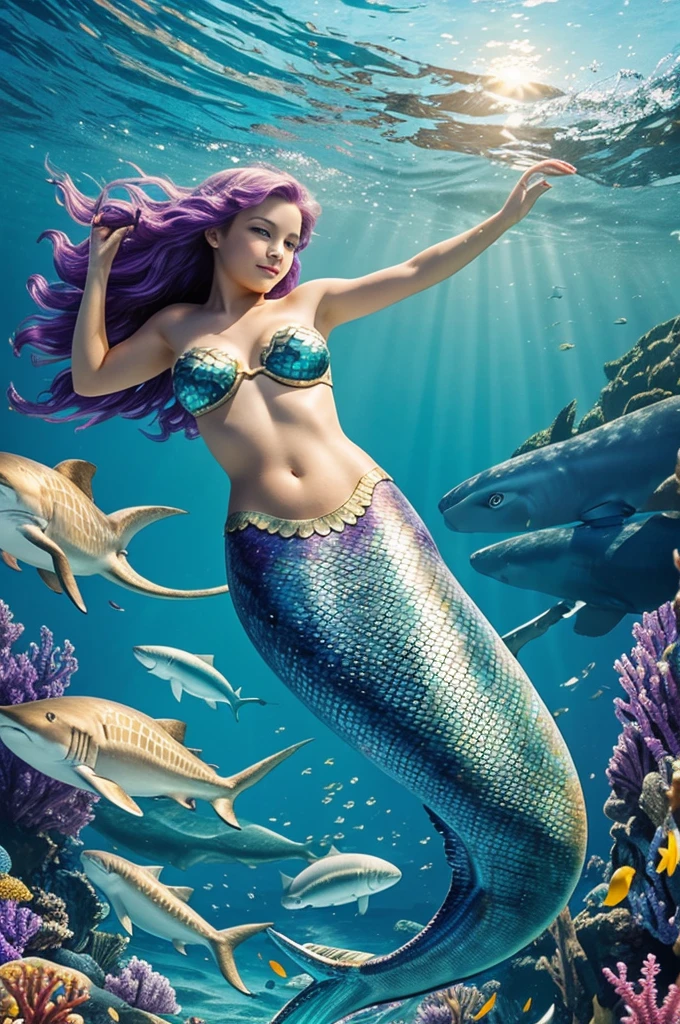 ((best quality)), ((masterpiece)), (detailed), 1girl mermaid, 1boy mermaid, playing in the ocean, shark, fish, purple, gold, bright blue, dreamy