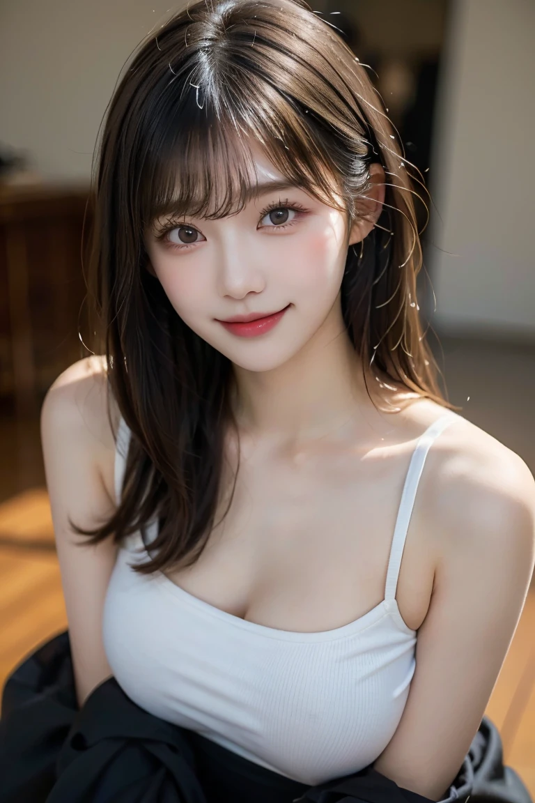 ((Full body)), ((masterpiece)), ((8K)), (((Beautiful high school student)))), (Landmine-type clothing:1.3), (Smooth, straight, long black hair), Smiling face, With bangs, Dark Eyes, Long eyelashes, High nose, Perfect beautiful figure, Soft skin, Beautiful clavicle, Prone, Blackheads on the corners of the eyes, Big Boobs