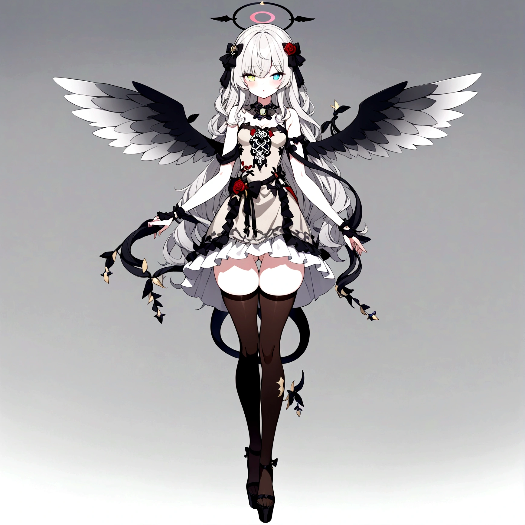 woman 160 cm tall, slim build. (character design sheet: front view). Long Wavy Gray Hair with Knee Length Curls. (heterochromia: one light green eye and one amber eye). she has little ribbons in her hair, rose-shaped brooch on the right side of the hair. extremely detailed face, small face, Beautiful detailed eyes, beautiful detailed lips. adorable, extremely detailed legs, (Best Quality, 4k, 8k, high resolution), ultra detailed, Exquisite and epic character art... Black high stockings with gold star print... Black platform heels, One-piece dress with low waist and ruffles.. It has robotic arms up to the forearm... dark gray belt at the waist with a small blue crescent, black necklace on the neck with rose-shaped decoration. He has small angel wings on his back that are dark blue and black.... It has a succubus tail that ends in the shape of a heart. Wide hips. Wears a luminous gray and black halo with rose patterns... (small chest size). beautiful detailed wings. beautiful detailed hair, beautiful detailed dress. extremely detailed arms.