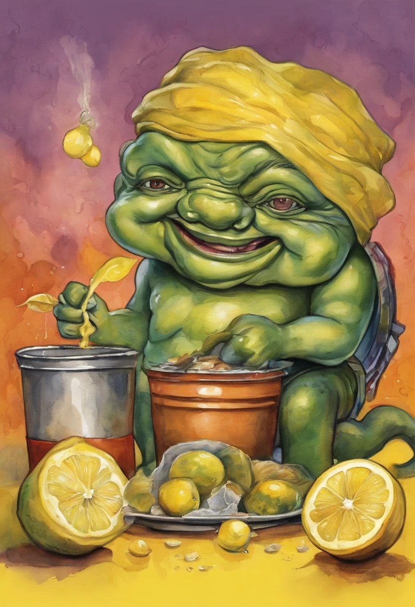 (( people Eating Lemon, Challenge, garbage pail style)), firey background full of snakes, 3d cartoon, high quality, detailed,
