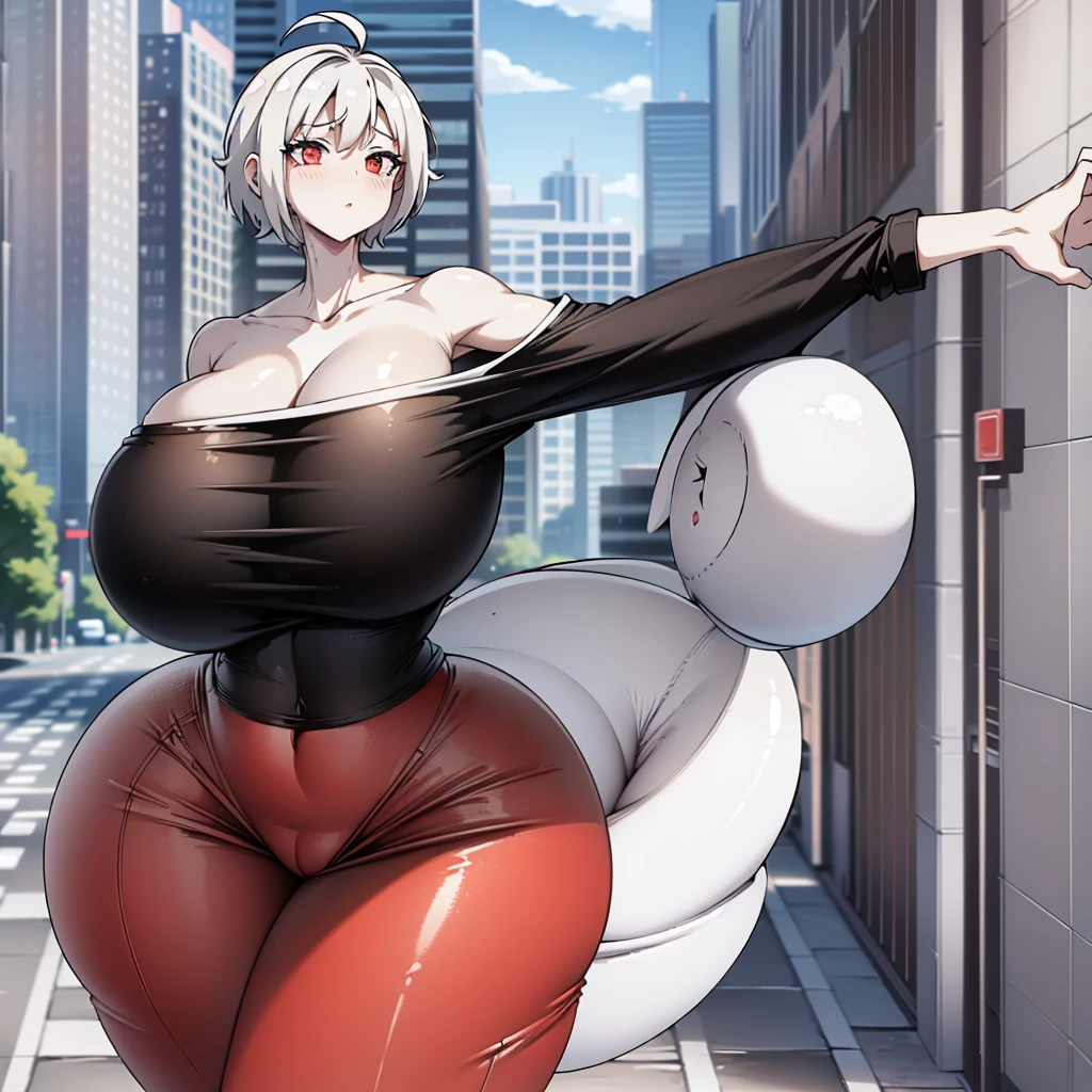 white short hair, Giant breasts, giant hips, black jeans red and white stripes t-shirt, embarrassed, mime, in city