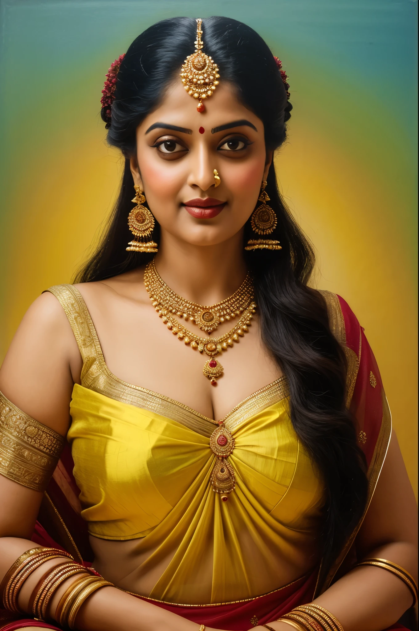 Beautiful painting of a woman in a sari with a necklace and earrings, beautiful thick figure, Thick curvy beauty, looks like Sandeepa Dhar, inspired by Raja Ravi Varma, szukalski ravi varma, portrait of a beautiful goddess, by Raja Ravi Varma, indian goddess, traditional beauty, a stunning portrait of a goddess, inspired by T. K. Padmini, indian art, indian goddess of wealth, portrait of a goddess