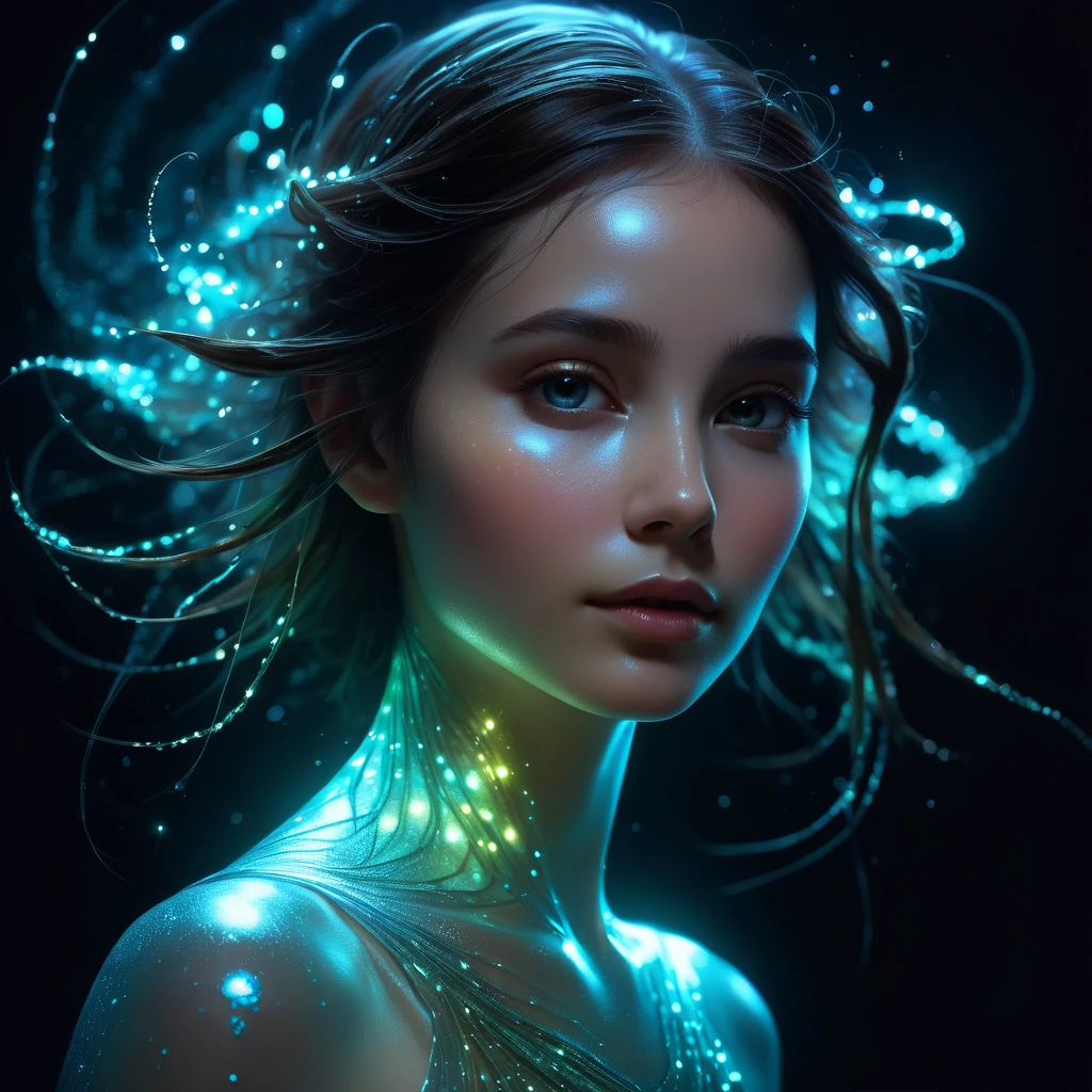 a charming anthropomorphic bioluminescent girl, translucent skin, glowing bioluminescent details, ethereal atmospheric lighting, dramatic chiaroscuro lighting, rich color palette, dreamlike fantasy, digital painting, hyperrealistic, 8k, high quality, intricate details, masterpiece, Nicola Samori