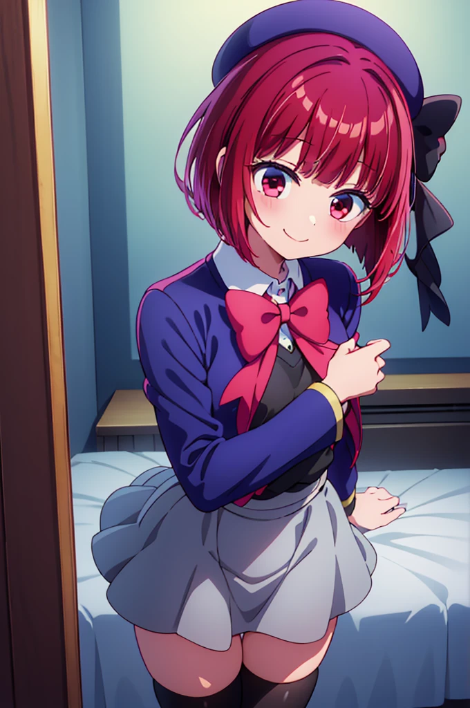 ((masterpiece)), ((best quality)), (ultra-detailed), ((kawaii)), cute, (lovely),(gleaming skin),from directly above,looking up at viewer, put finger to mouth, ((seductive smile)), arima kana,aakana,red hair, short hair, beret, red eyes, blue headwear, red bowtie, collared shirt, blue jacket, open jacket, long sleeves, grey skirt,black thigh high socks,night,hotel room