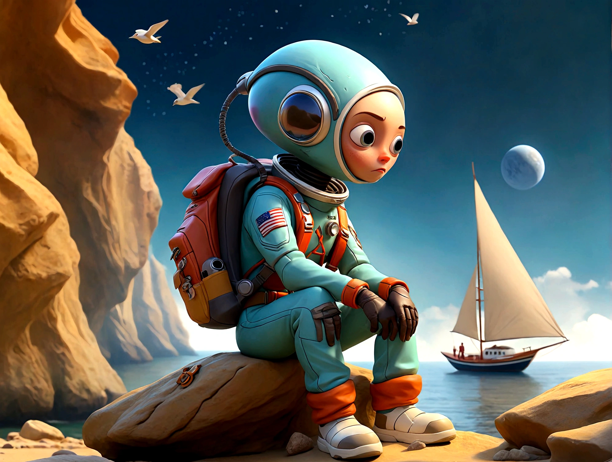 A space tourist with a backpack is sitting on the shore of a cliff. below is the sea, alien sky, romance, masterpiece, birds in the sky, sailboat