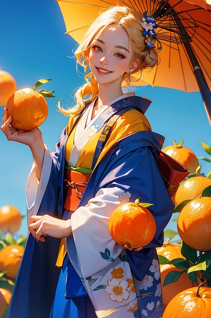 A beautiful smiling woman in a kimono holding a bunch of oranges under a blue sky