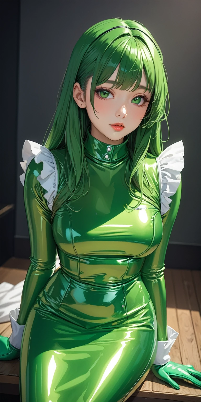 Portraiture、(masterpiece,Highest quality,Ultra-high resolution),Japanese women, (((Very beautiful 25 year old girl))),(Bright green latex maid outfit)、(Bright green latex long skirt)、(A long-sleeved bright green latex shirt covering the upper body)、Bright green latex gloves、Bright green latex socks、Bright green latex bodysuit、Frills、The clothes fit snugly to the body、Latex is very shiny、Dark Room、